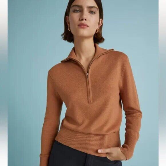 NWT Everlane Women's Luxe Merino Wool Half-Zip Sweater Tawny Brown Size S - Picture 1 of 11